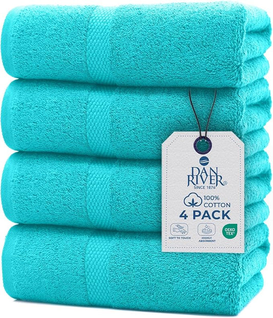 DAN RIVER Bath Towels Set of 4, 27 x 54 Inches, 100% Cotton, Larger & Lighter Weight, Quicker to Dry, Super Soft and Absorbent, Ideal Aqua Bath Towels for Daily Use