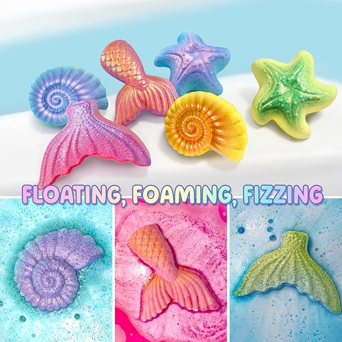 Skin-Safe Mermaid Bath Bombs for Kids with Surprise Toys Inside, 9 Extra Large Bath Salts with Calming and Long-Lasting Scent, Natural Bubble Bath Bombs for Girls Sensitive Skin