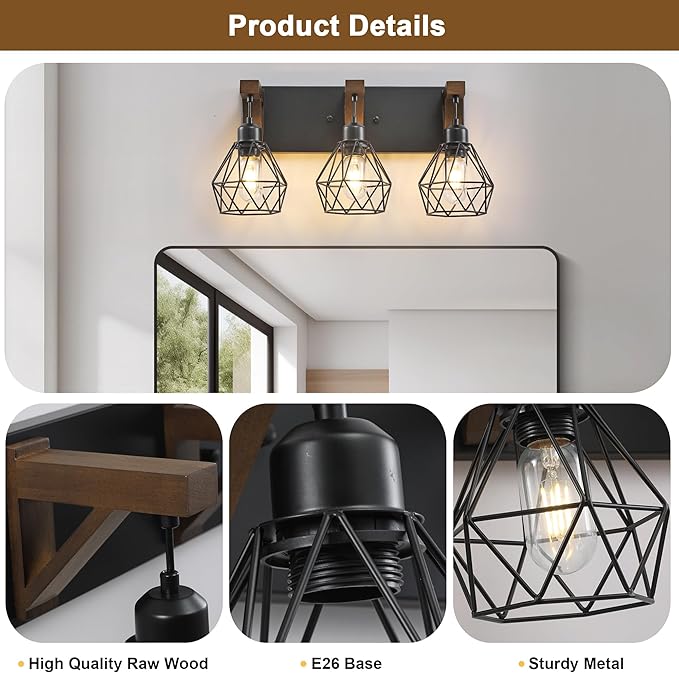 3-Light Farmhouse Bathroom Vanity Light Fixtures, Wood Bathroom Light Over Mirror, Rustic Sconces Wall Lighting with Elegant Metal Lampshade for Living Room, Bedroom, Hallway