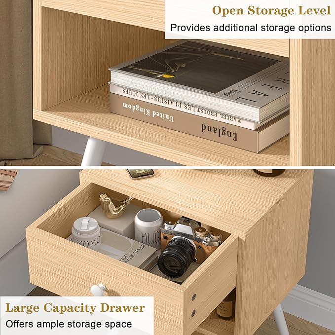 VECELO Nightstands Set of 2, Mid Century Modern End Bedside Table, Night Stand with Storage Drawer and 2 Tiers Open Shelf for Small Place, Bedroom, Living Room, Easy Assembly, Oak Wood