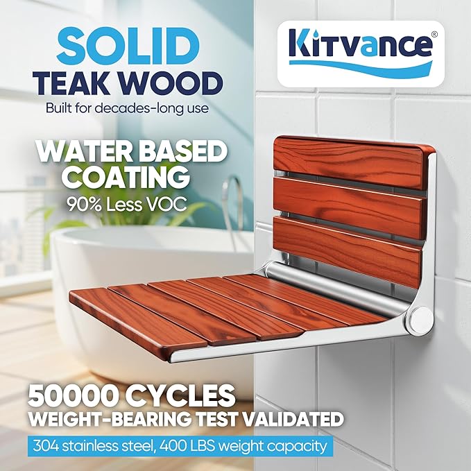 Upgraded 20" ADA Compliant Folding Teak Shower Seat Wall Mounted - Larger Teak Shower Bench, Home Care Folding Shower Seat for Inside Shower, Wall Mount Shower Chair Shower Stool, Max Load 400lb