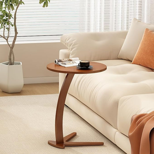 Wood Round Side Table: 15 '' Modern C Shaped End Table Nightstand with Natural Solid Wood, Small Bedside Table for Living Room, Bedroom, Farmhouse, Small Spaces (Medium)
