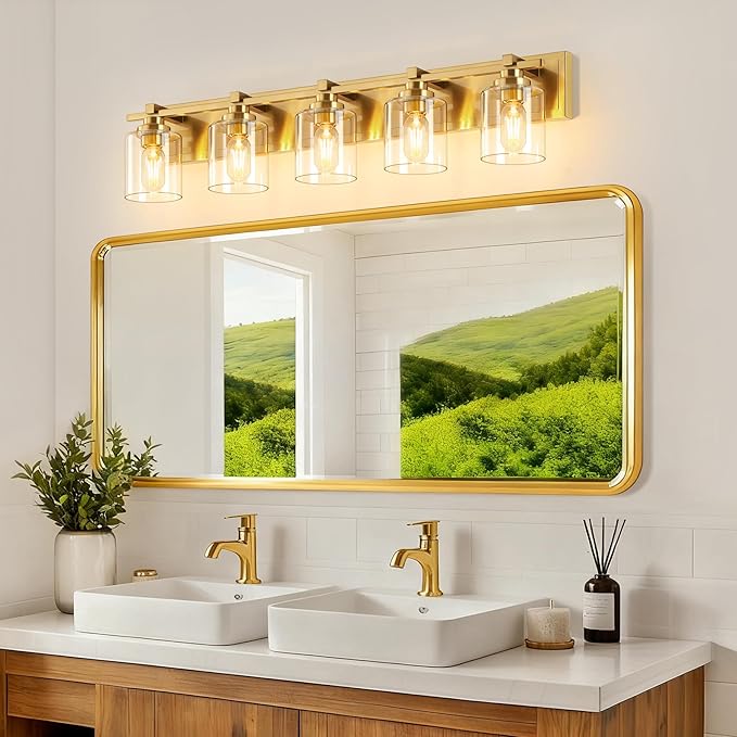 5 Light Modern Bathroom Light Fixtures Over Mirror, Brass Finish Vanity Lights for Bathroom Wall Sconces with Clear Glass Shades, E26 Socket (Bulbs Not Included)