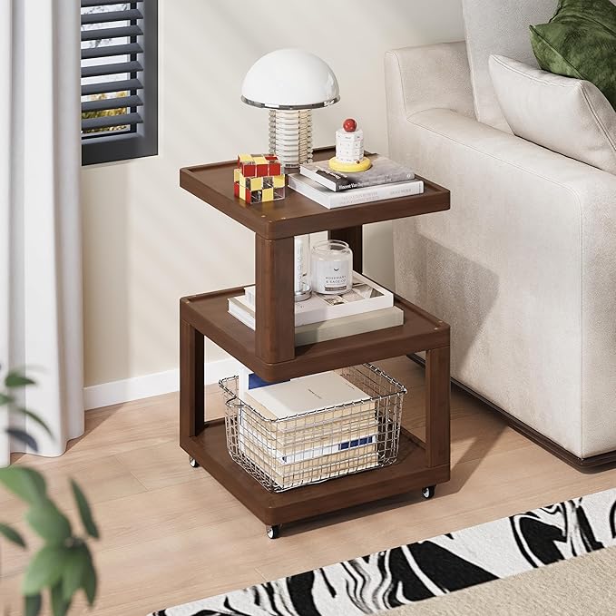 ZIYOO 3-Tier Solid Wood Mobile Side Table with Wheels, Wooden Night Stand, Unique Floating Design Storage Organizer for Bedroom, Living Room, Small Spaces, Walnut