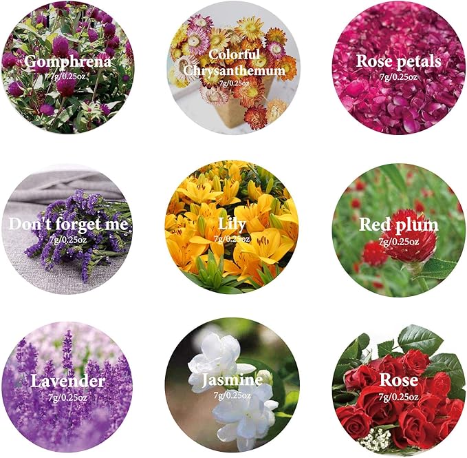 9 Bags Dried Flowers,100% Natural Dried Flowers Herbs Kit for Soap Making, DIY Candle Making,Bath - Include Rose Petals,Lavender,Don't Forget Me,Lilium,Jasmine,Rosebudsand More