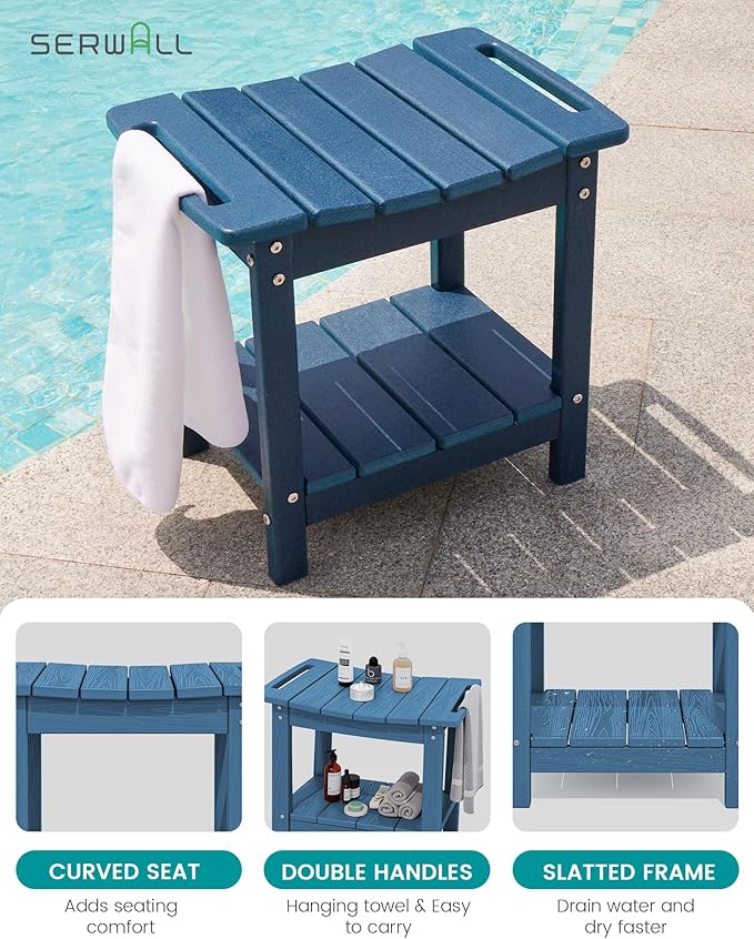 SERWALL Shower Bench, 18" Shower Stool for Inside Shower, HDPE Waterproof Shower Seats for Adults with Storage Shelf & Handles, 360 lbs Capacity- Blue