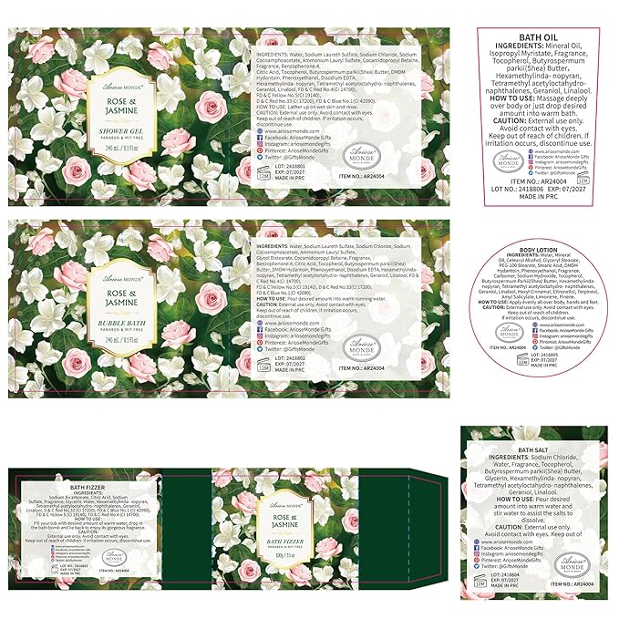 Gift Basket for Women - 8 Pc Rose & Jasmine Beauty & Personal Care Set - Home Bath Pampering Package for Relaxing - Spa Self Care Kit - Thank You, Birthday, Mom, Anniversary, Christmas Gift