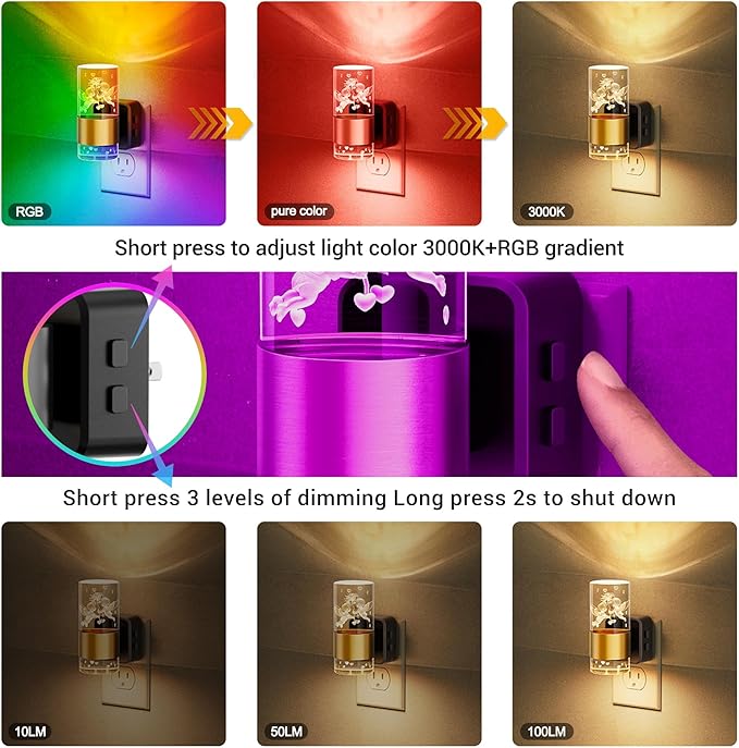 JandCase Night Lights Plug into Wall,Angel Night Light, 3000K+RGB 10-Color LED Nightlight with Dusk to Dawn Sensor, 10/50/100LM Adjustable Brightness for Birthday Home Decor