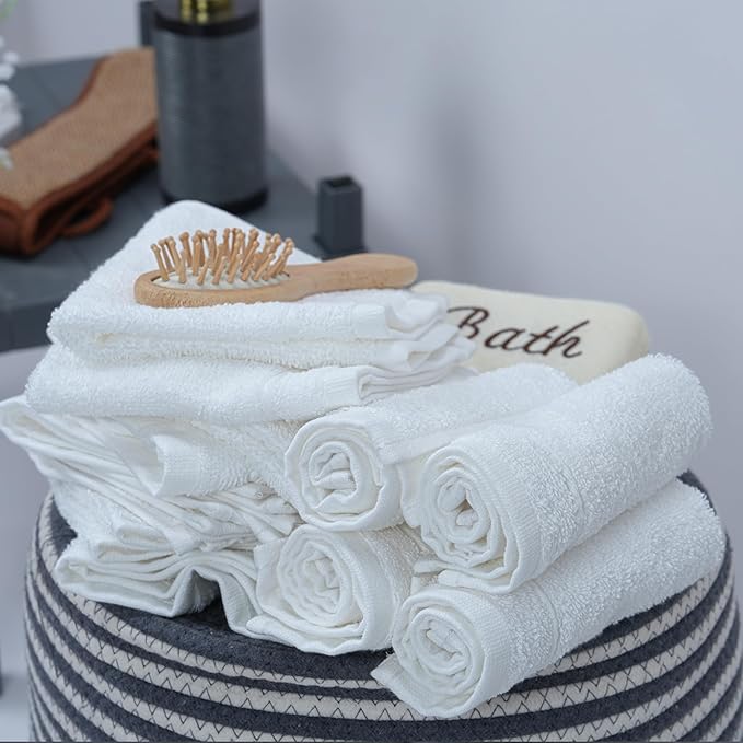 Tens Towels Pack of 24 Washcloths, 12 x 12 Inches, Lighter Weight, Quick to Dry, Super Soft & Absorbent, Gentle Face Towels, Hotel Quality, Perfect for Bathroom, Gym, Spa (White, 24 Pack)