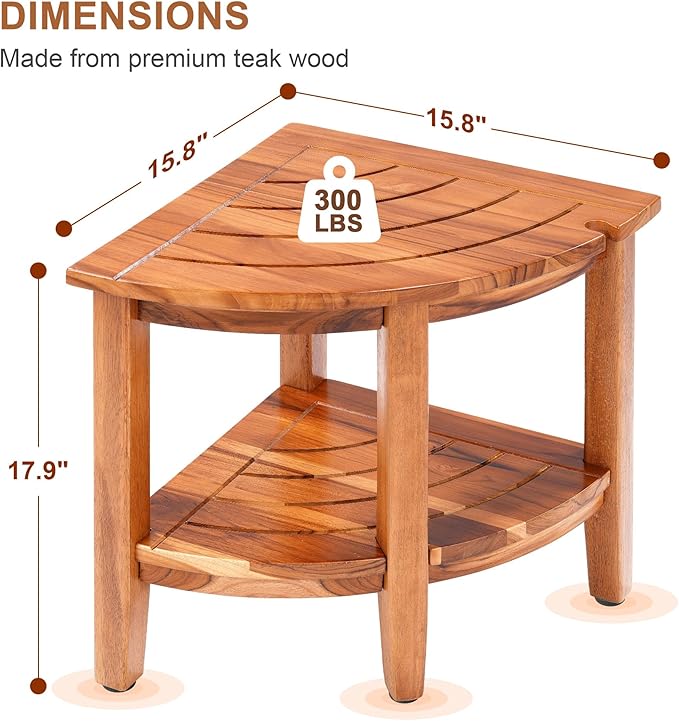 18" Teak Corner Shower Stool, 2-Tier Teak Shower Bench with Storage Shelf, Adjustable Non-Slip Feet, Natural