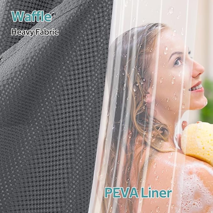 3 in 1 Shower Curtain Set, Waffle Shower Curtain and Liner Set with 12 Double Sided Shower Curtain Hooks, 258GSM Luxury Weighted Cloth Shower Curtains for Bathroom,72 W x 72 H,Graphite Gray