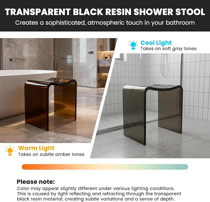 CASAINC Solid Surface Bathroom Stool Resin Shower Stool for Inside Shower Modern Transparent Black Waterproof Shower Bench with 400 lb Load Capacity, No Assembly
