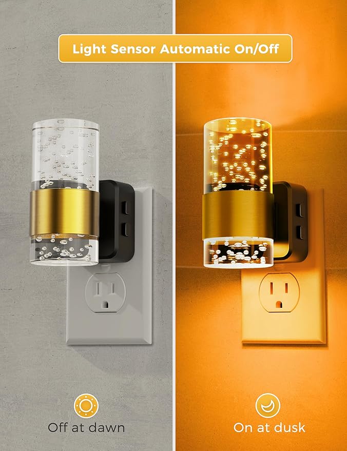 Night Lights Plug into Wall, Color Changing Night Light with Rotatable Plug, Dusk to Dawn Light Sensor and Adjustable Brightness, Elegant Design Night Light for Kids Bedroom,Bathroom, 2 Pack