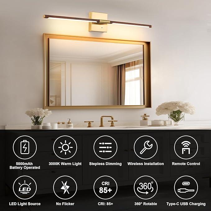Battery Operated Wall Sconce Single, Walnut Gold Rechargeable Wall Sconce with Remote, Dimmable Sconce Wall Light, 30 Inch LED Wireless Wall Light for Background Wall, Bedroom,Living Room