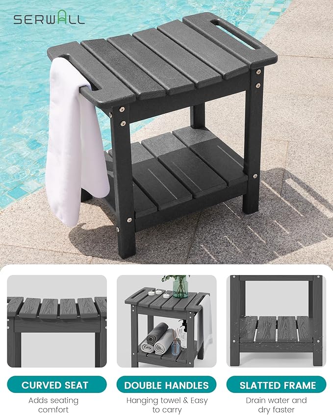 SERWALL Shower Bench, 18" Shower Stool for Inside Shower, HDPE Waterproof Shower Seats for Adults with Storage Shelf & Handles, 360 lbs Capacity- Gray