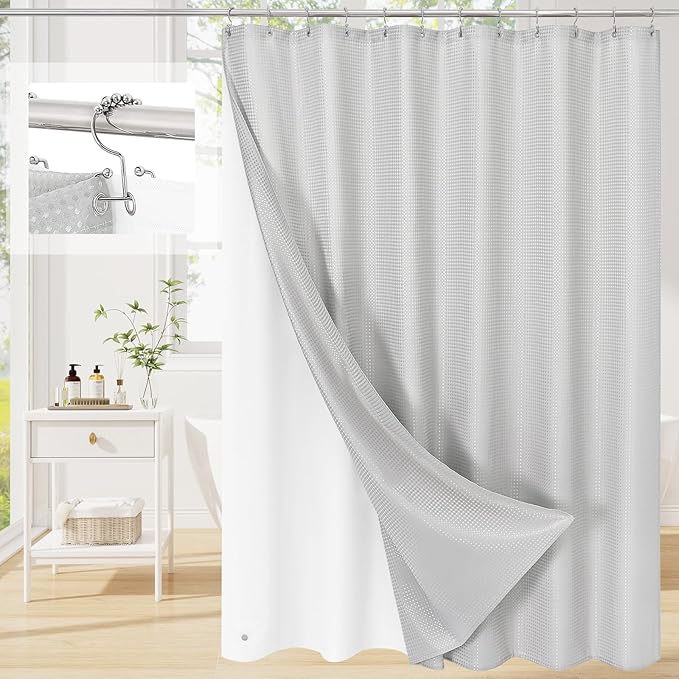 3 in 1 Long Light Grey Shower Curtain Set-72 W x 78 H, Modern Waffle and PEVA Liner Set with 12 Stainless Steel Hooks, Waterproof Fabric for Bathroom