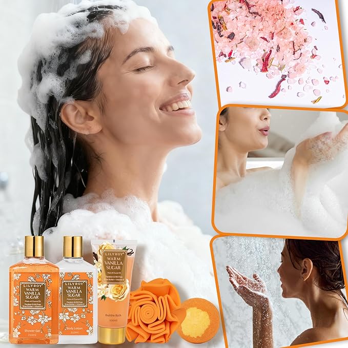 Christmas Gifts for Women - 7 Pcs Vanilla Bath and Body Gift Basket Set Spa Gift Basket Set for Women with Bath Bomb | Perfect Valentine's, Birthday, Mothers Day for Mom, Gift Set for Her All Occasion