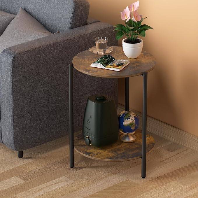 Round Side Table, 2-Tier Circle End Tables with Storage Wood Rustic 15.75" Small End Tables Farmhouse Side Table for Living Room Bedroom Balcony Small Spaces - Walnut
