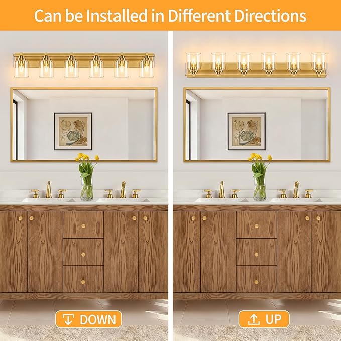 6 Light Modern Bathroom Light Fixtures Over Mirror, Brass Finish Vanity Lights for Bathroom Wall Sconces with Clear Glass Shades, E26 Socket (Bulbs Not Included)
