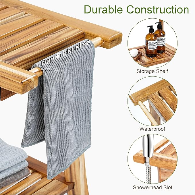 24" Solid Teak Shower Bench with Towel Bar & Storage Shelf - Waterproof Bath Stool with Fixed Non-Slip Feet, 300lbs Capacity, Natural