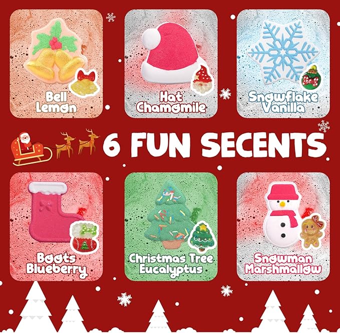 Christmas Bath Bombs Shower Steamers: 6 Pack Handmade Natural Organic Bath Bomb Set for Women Relaxing Bubble Bathbombs Scented Gifts Stocking Stuffers Holiday Birthday for Men Kids Girls Girlfriend