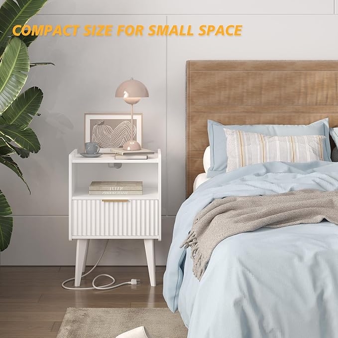 Fluted Nightstand with Charging Station, Modern Bedside Table with Drawer,White Nightstand with Solid Wood Legs, End Table,Side Table for Living Room,Bedroom White CTG57WE