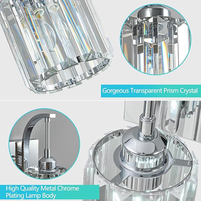3-Light Crystal Vanity Light, Modern Chrome Bathroom Wall Sconce with K9 Crystal Shades, 23.62" Long Over Mirror Lighting for Vanity, Makeup, Hallway, Elegant & Durable