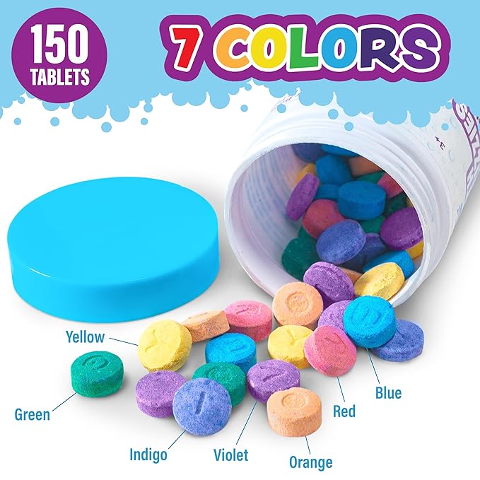 Tub Works® Bath Color Fizzies, 150 Count | Nontoxic & Fragrance-Free | Fizzy, Bath Color Tablets for Kids | Create Colorful Water | Water Tablets in 7 Colors for Variety | Bath Bombs for Kids Bathtub