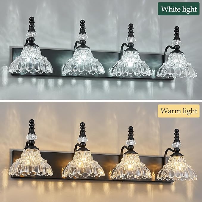 Vintage Bathroom Vanity Light, 4-Light Black Vanity Lighting Fixture with Flower Glass Shade, Bathroom Lighting Fixtures Over Mirror