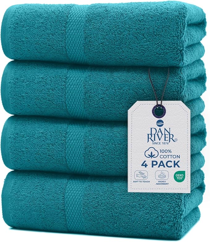 DAN RIVER Bath Towels Set of 4, 27 x 54 Inches, 100% Cotton, Larger & Lighter Weight, Quicker to Dry, Super Soft and Absorbent, Ideal Luxury Bath Towels for Daily Use, Teal