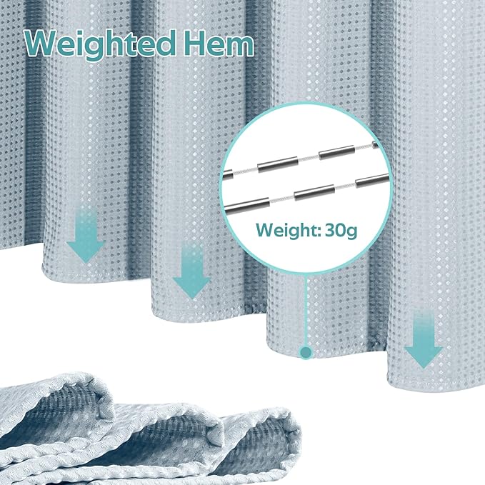 3 in 1 Shower Curtain Set, Waffle Shower Curtain and Liner Set with 12 Double Sided Shower Curtain Hooks, 258GSM Luxury Weighted Cloth Shower Curtains for Bathroom, 72 W x 72 H, Fog Blue