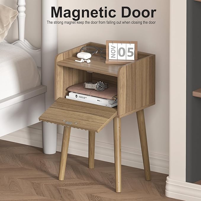 LAATOOREE Small Nightstand Set of 2, Side End Table with Fluted Door, Bedside Table with Solid Wood Legs, Mid-Century, for Bedroom, Small Beds