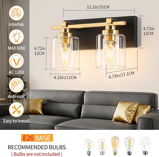 2 Light Modern Bathroom Light Fixtures Over Mirror, Black Gold Vanity Lights for Bathroom Wall Sconces with Clear Glass Shades, E26 Socket (Bulbs Not Included)