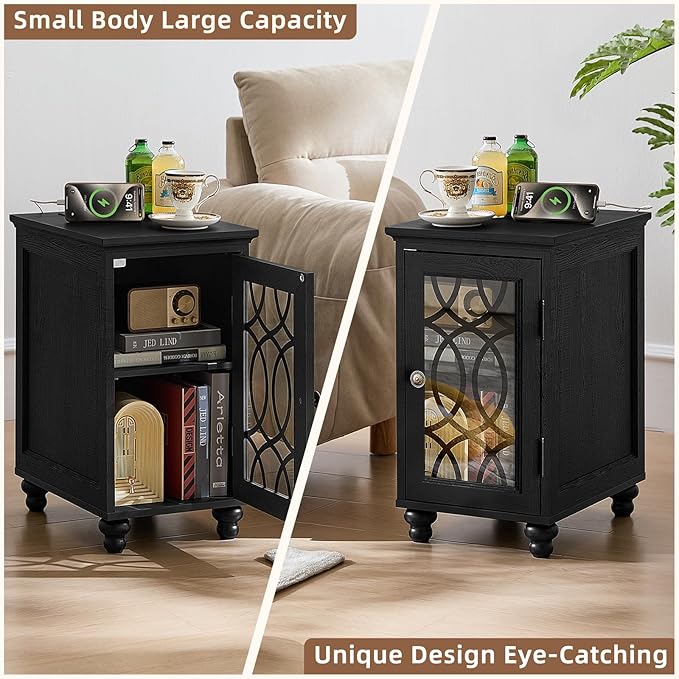 Narrow Side Table with Charging Station Set of 2, Night Stand with Glass Door,Bedside End Tables with Adjustable Shelf Storage Cabinet,Wood Nightstand for Small Spaces Living Room Bedroom