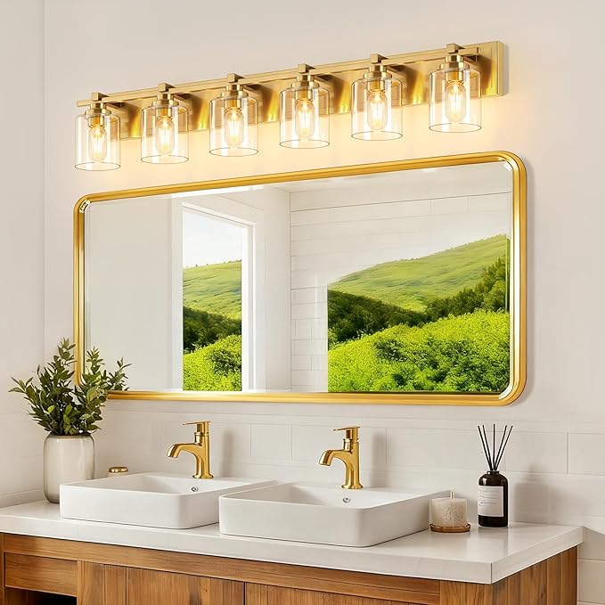 6 Light Modern Bathroom Light Fixtures Over Mirror, Brass Finish Vanity Lights for Bathroom Wall Sconces with Clear Glass Shades, E26 Socket (Bulbs Not Included)