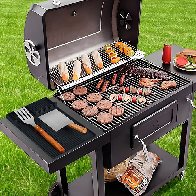 3 in 1 Silicone Griddle Tools Mat for Blackstone, Large Grill Side Shelf Mat, Heat Resistant Silicone Spatula Mat with Drip Pad, Utensil Rest with Drip Pad for Kitchen, Stovetop, Countertop- Black