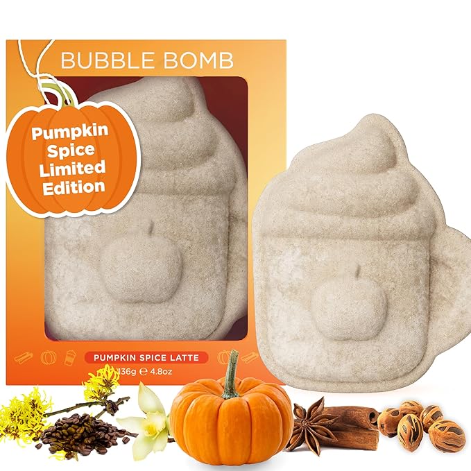 Pumpkin Spice Latte Bath Bomb for Women & Girls – Luxury Fall Bath Bombs (Giftable Packaging) - Natural & Relaxing Fall Gift - Vanilla, Cinnamon & Pumpkin Scented - Holiday Gift for Women