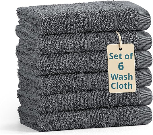 Casa Platino Wash Cloths Set of 6 - Spa & Salon Quality - 100% Ring Spun Cotton Face Towels - Soft & Ultra Absorbent Washcloths for Body, Beauty, Home, Gym - Fingertip Towels - 13"x13", Cool Grey