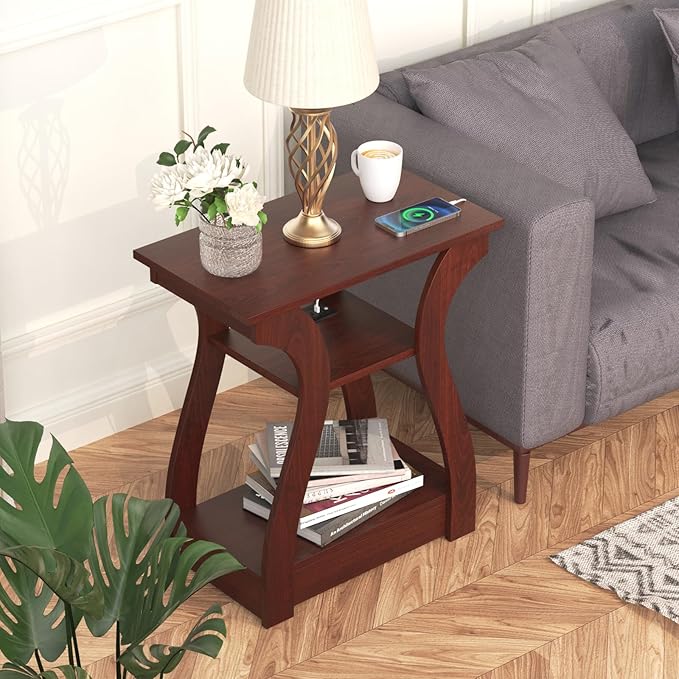 End Table with Charging Station, Side Table with USB Ports and Outlets, 3 Tier Nightstand Sofa Table for Small Spaces, Beside Table with Storage Shelf for Living Room, Bedroom