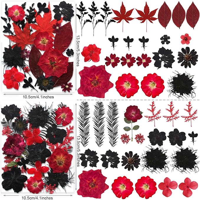 141PCS Black Red Dried Pressed Flowers for Resin - Youthbro Real Nature Flowers Butterfly Stikers Set for Christmas DIY Candle Soap Vase Making Nail Card Scrapbook Art Craft Floral Decors