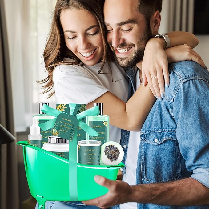 Spa Gift Basket Luxury bath and body Basket, Christmas Gifts for Women Her him, Bath Baskets for Women, 8 pcs Eucalyptus Aloe Spa shower gift, Birthday Gifts bath kit, Self Care Bath Gift Set