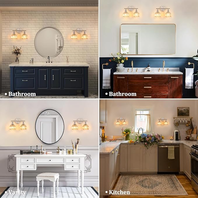 Bathroom Light Fixtures, 2-Light Vanity Wall Light Over Mirror with Amber Tulip Glass Shade for Bedroom Living Room (Bulb Not Included), Satin Nickel