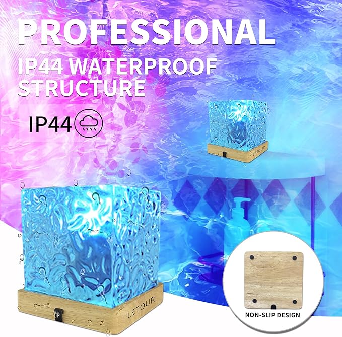 LETOUR Bathroom Mood Light,Rechargeable Shower Light 16 Color Changeable Ocean Wave Projector Lamp, Dimmable Waterproof Shower Lamp with Remote, Rotating Cube Water Ripple Lamp for Bath