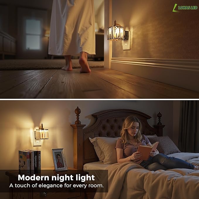 L LOHAS LED Night Light, Night Lights Plug into Wall, 3000K Soft White LED, Crystal Night Lights with Dusk to Dawn Sensor, 0-100lm Adjustable Brightness, for Hallway Bedroom Stairway