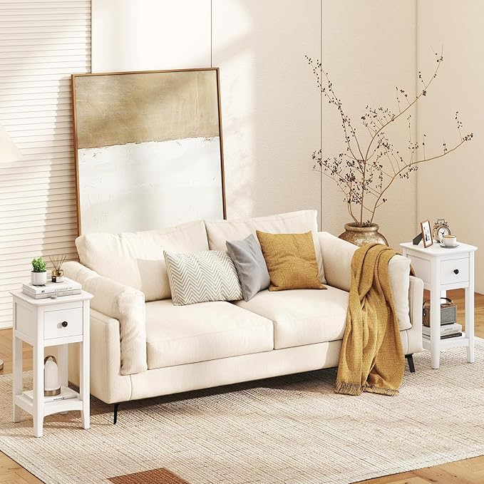 Giantex Narrow End Tables with Drawer Set of 2, 23.5" H Side Table w/Open Storage Shelf & Solid Wood Frame, Small Night Stands for Dorm Living Room, Bedroom, Small Spaces, No Assembly Needed, White