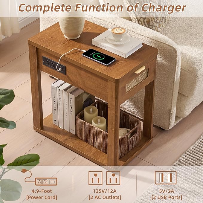 LEYAOYAO Narrow Side Table Set 2 with Charging Station, 24x14''Rattan Night Stand with Drawer Storage,Bedside End Table with Metel Handle for Small Spaces, Wood Boho Nightstand for Living Room Bedroom