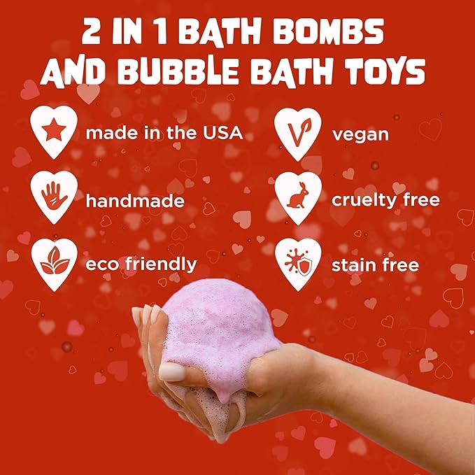 Valentines Bath Bombs for Kids with Surprise Heart Squishy Toys Inside (1 Pack) - Bubble Bath, USA Made, Kids Safe Ingredients, Fruity Scents, Valentines Day Gifts for Kids & Women by Two Sisters