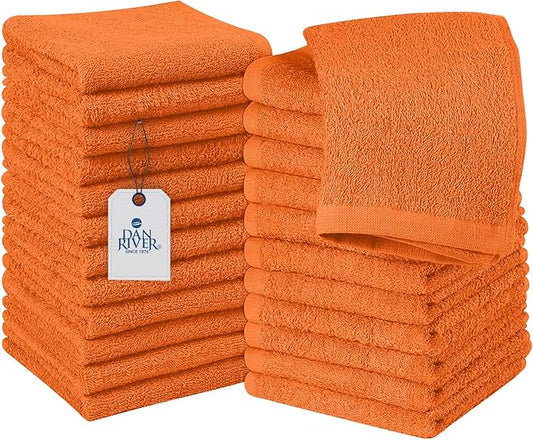 DAN RIVER 24 Pack Wash Cloths for Showering [12x12] - 100% Cotton Washcloths Premium Quality Flannel Face Cloths for Bathroom, Highly Absorbent and Soft Feel Wash Clothes, Orange