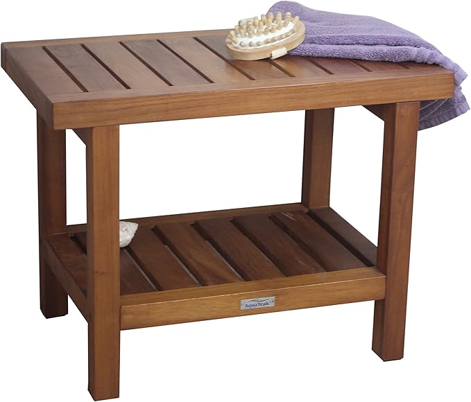 AquaTeak The Original 24" Spa Teak Shower Bench with Shelf (Bench + Teak Oil)