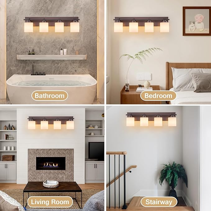 4 Light Modern Bathroom Light Fixtures Over Mirror, Bronze Finish Vanity Lights for Bathroom Wall Sconces with Milky White Glass Shades, E26 Socket (Bulbs Not Included)